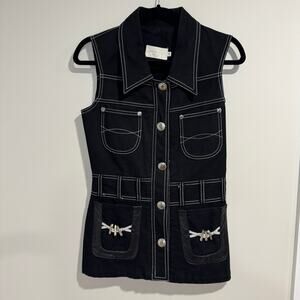 Cache Womens Black Denim Jacket Vest Leather Silver Accents Size Small Y2K 90s